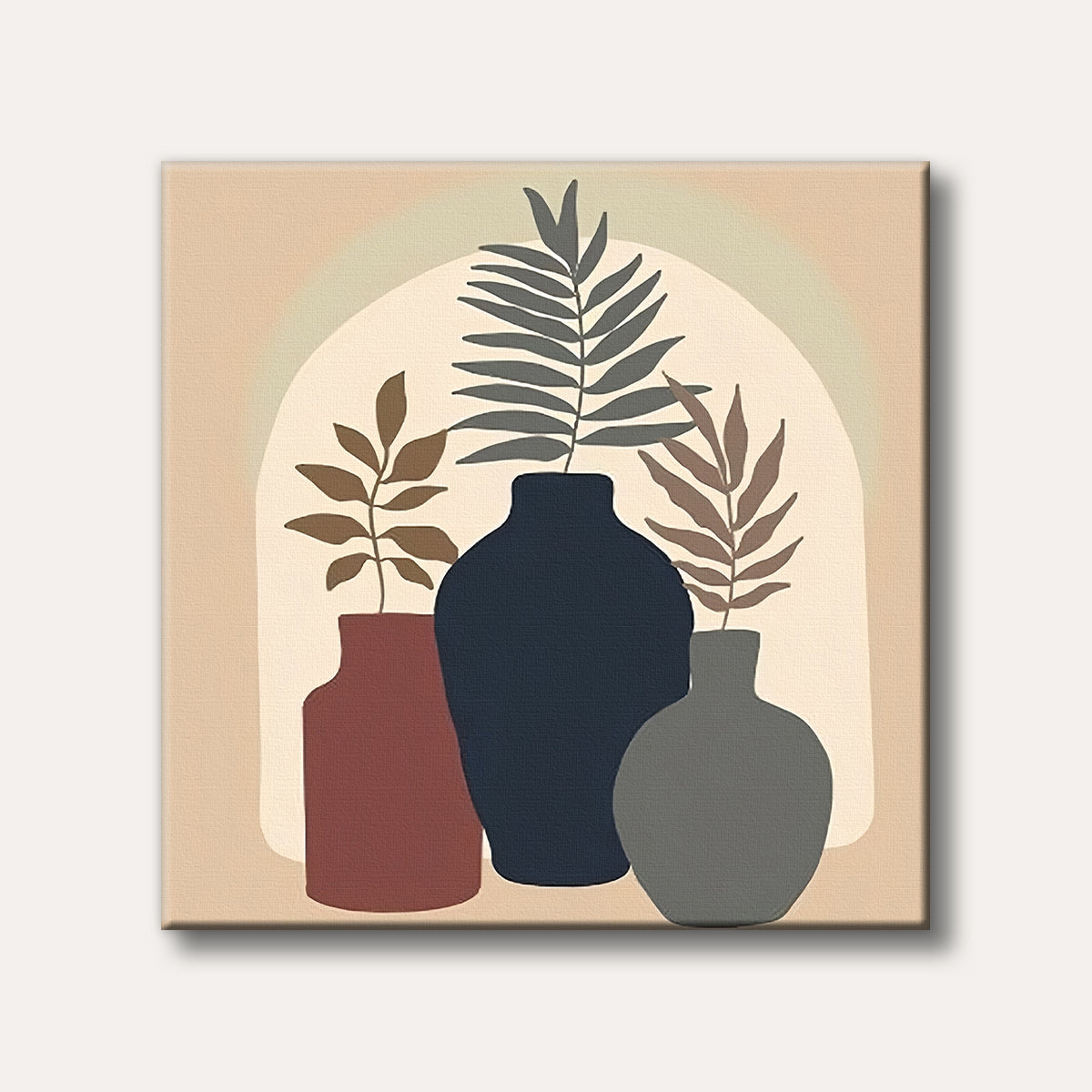 A minimalist abstract painting featuring three vases in earthy tones, each holding a different botanical leaf, set against a light background with an arched shape.