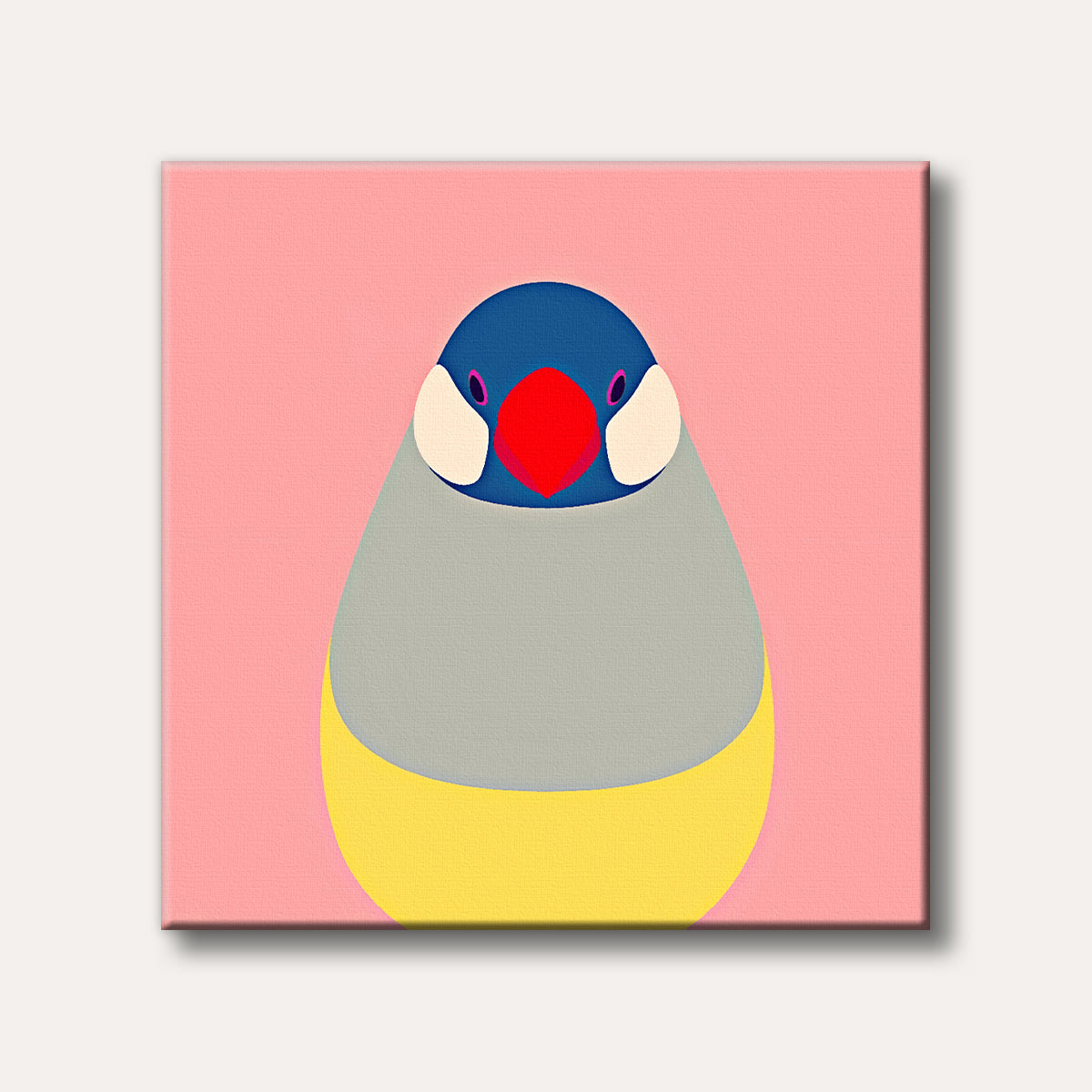 A graphic illustration of a bird with a blue head, red beak, grey body, and yellow belly, centered against a pink background.