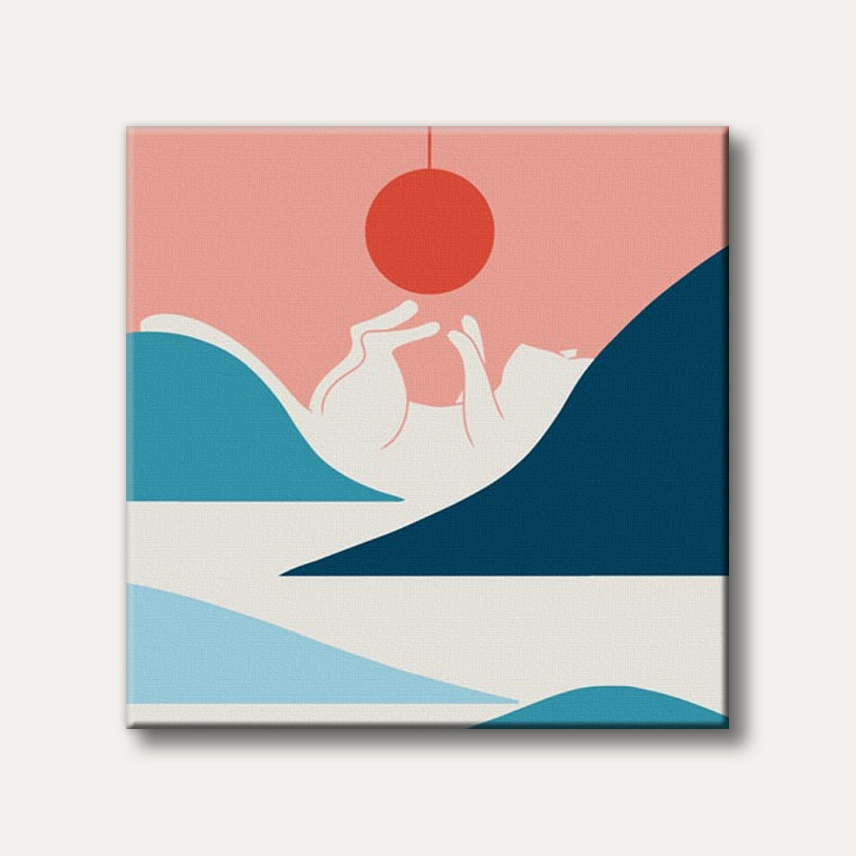 A stylized, minimalist illustration of a white cat lying on its back, playfully reaching for a suspended red ball against a pink background and abstract blue shapes, conveying a calm and modern mood.