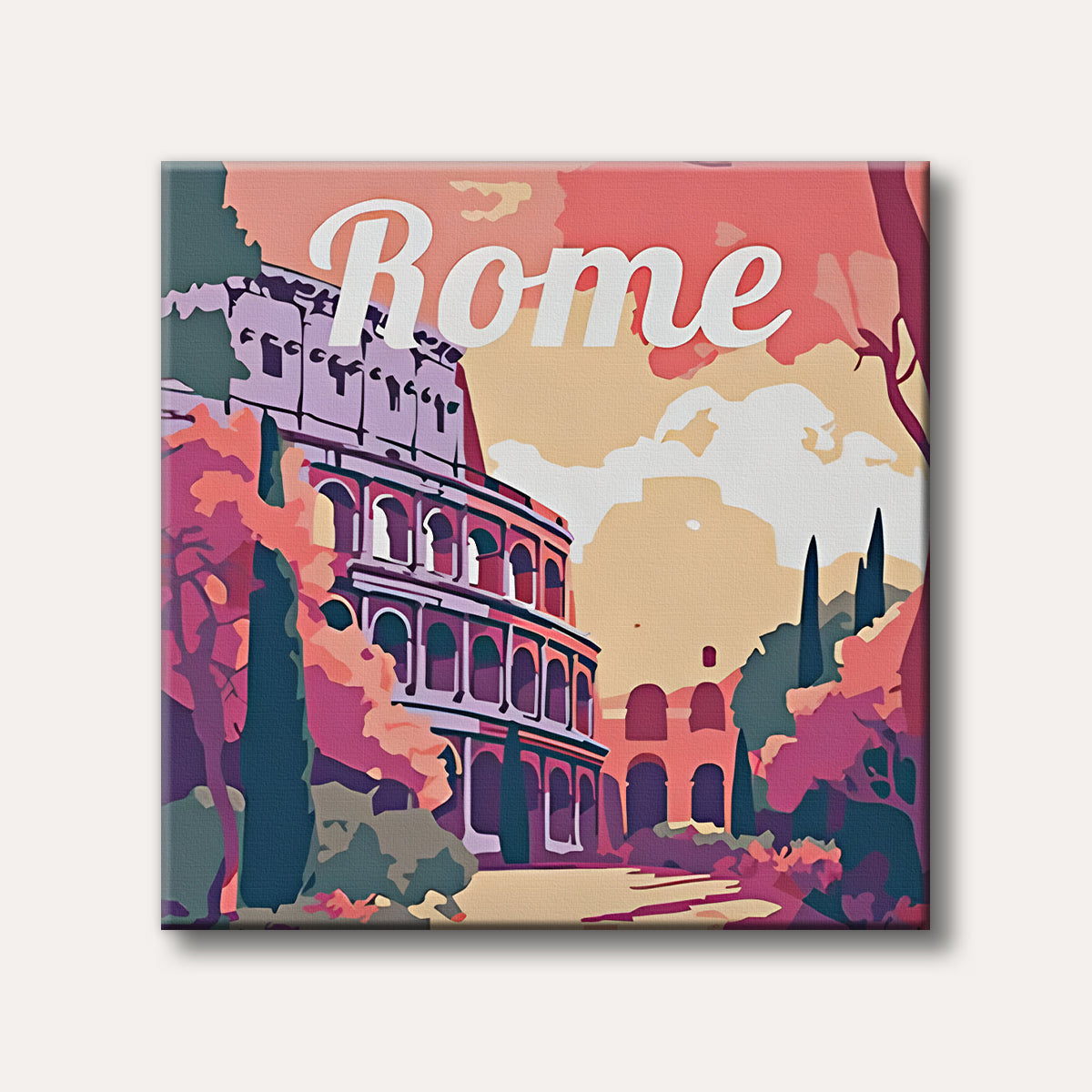 A vibrant, stylized illustration of the Roman Colosseum with 'Rome' text above, presented in a pop art travel poster aesthetic.