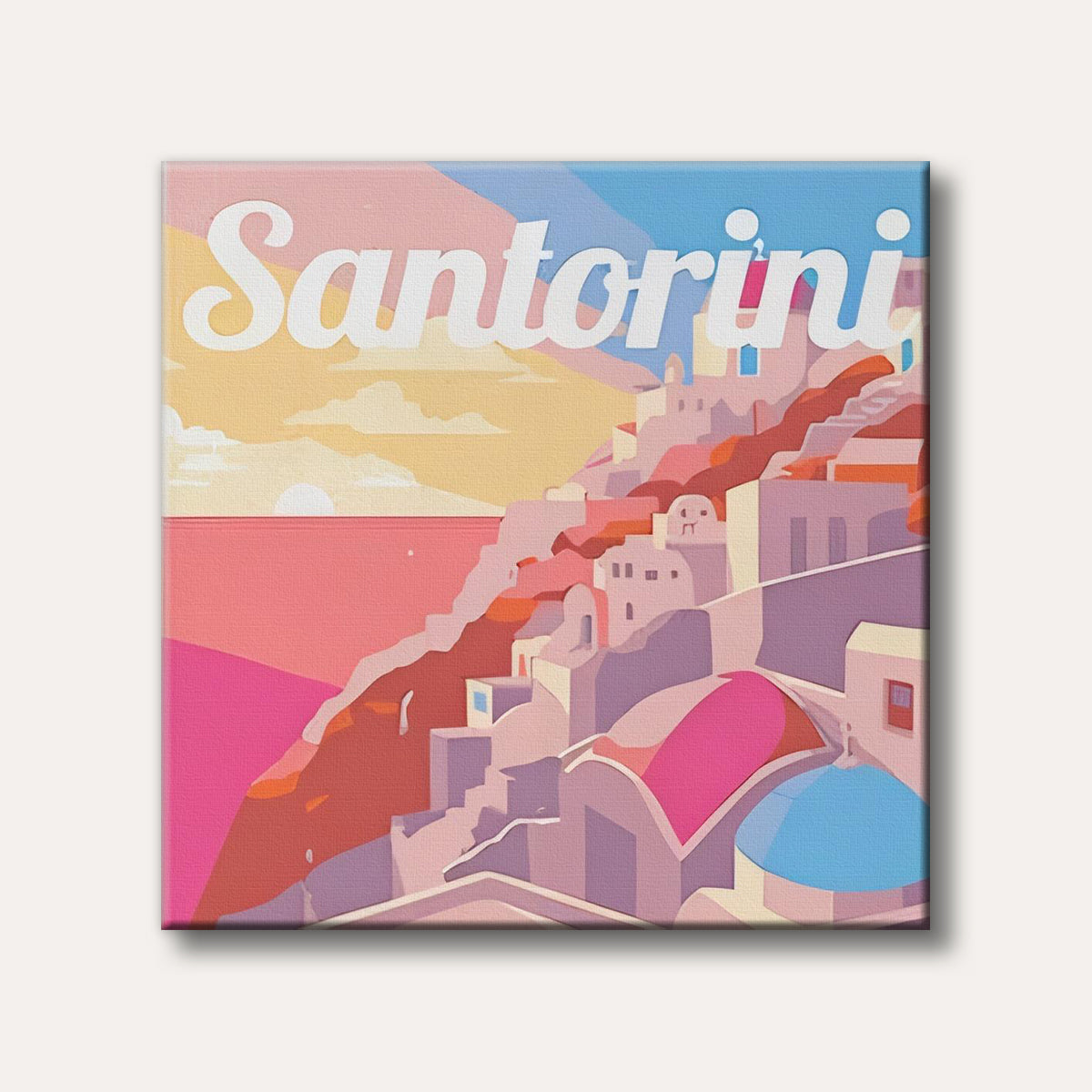 A vibrant, stylized illustration of Santorini, Greece, featuring white-washed buildings with colourful accents against a dramatic sunset sky and sea.