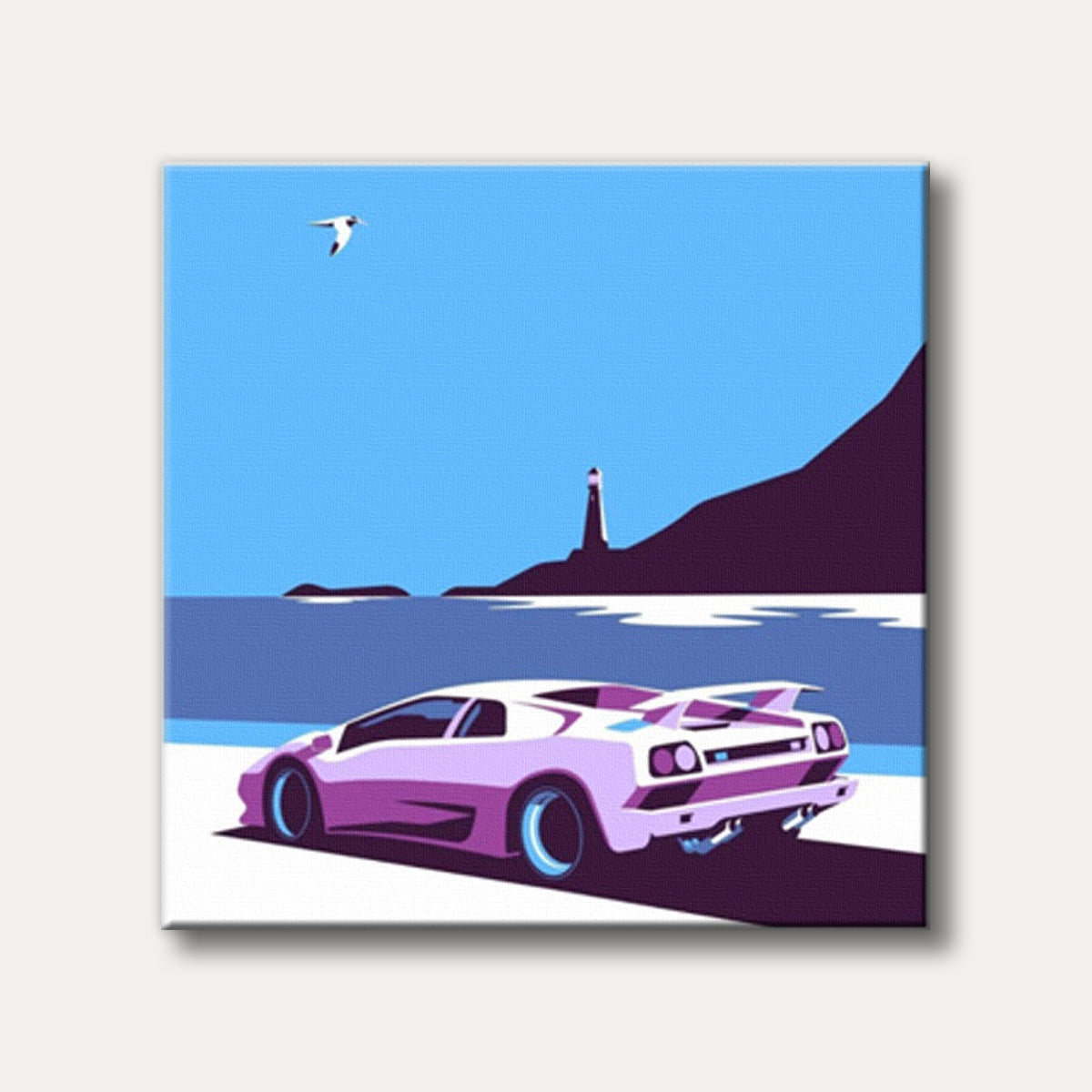 A stylized graphic art illustration shows a sleek purple sports car parked on a coastal road, overlooking the sea with a lighthouse on a distant cliff under a blue sky and a flying seagull.