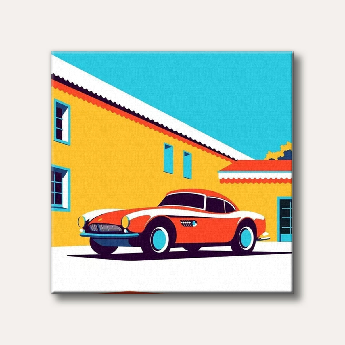 A vibrant pop art illustration of a classic orange and white sports car parked in front of a bright yellow building with a blue sky, rendered with bold, flat colours.