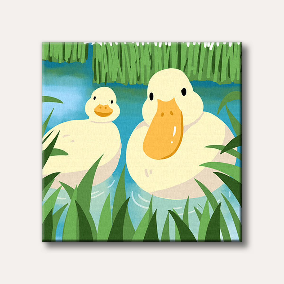 A charming illustration depicting two light yellow ducks swimming in a blue pond, surrounded by tall green reeds, rendered in a simple and cute cartoon style.