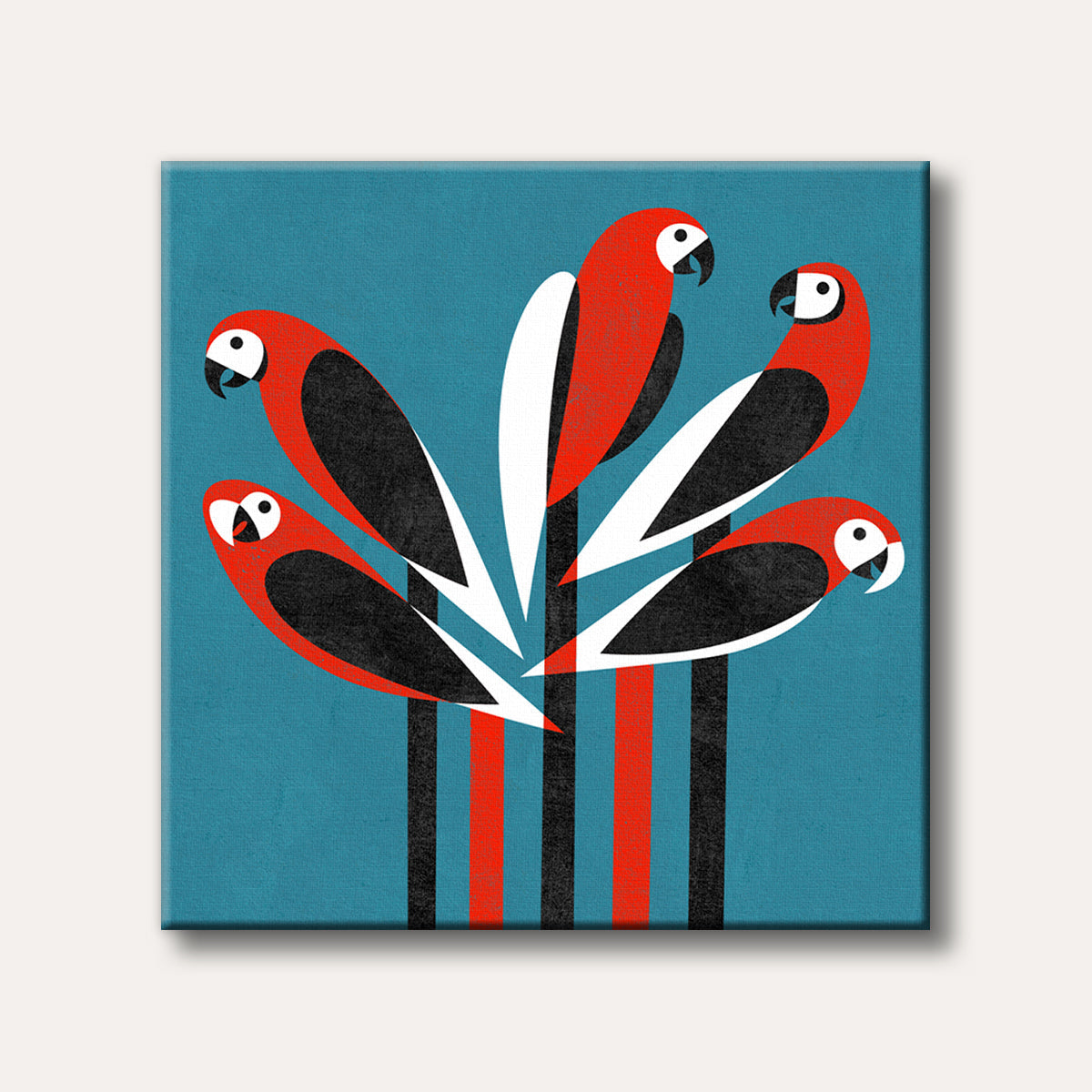 Five stylized red and black parrots with white beaks are arranged in a semi-circle against a textured teal background with vertical stripes, presented in a modern graphic art style.