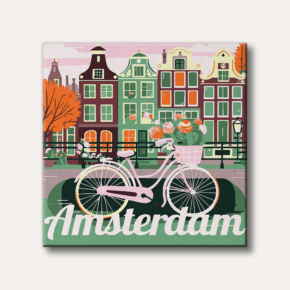 An illustrative flat design of a pink bicycle with a flower basket parked by an Amsterdam canal, fronting colourful traditional Dutch canal houses under a soft pink sky.