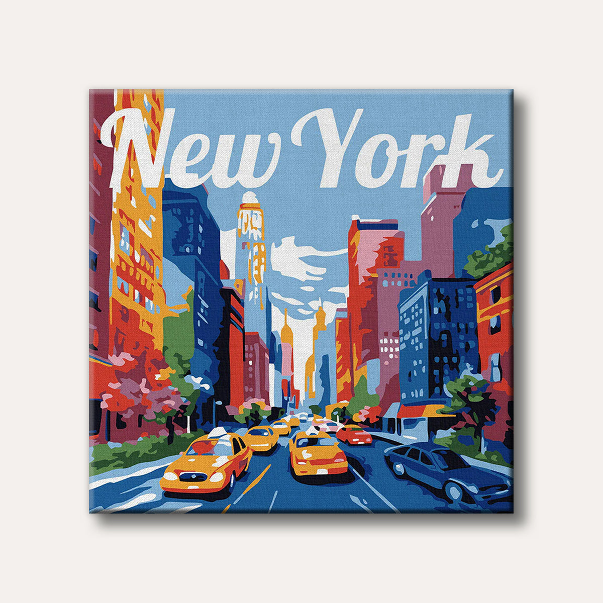 A vibrant, graphic style painting of a New York City street scene with colourful skyscrapers, yellow taxis, and "New York" text at the top.