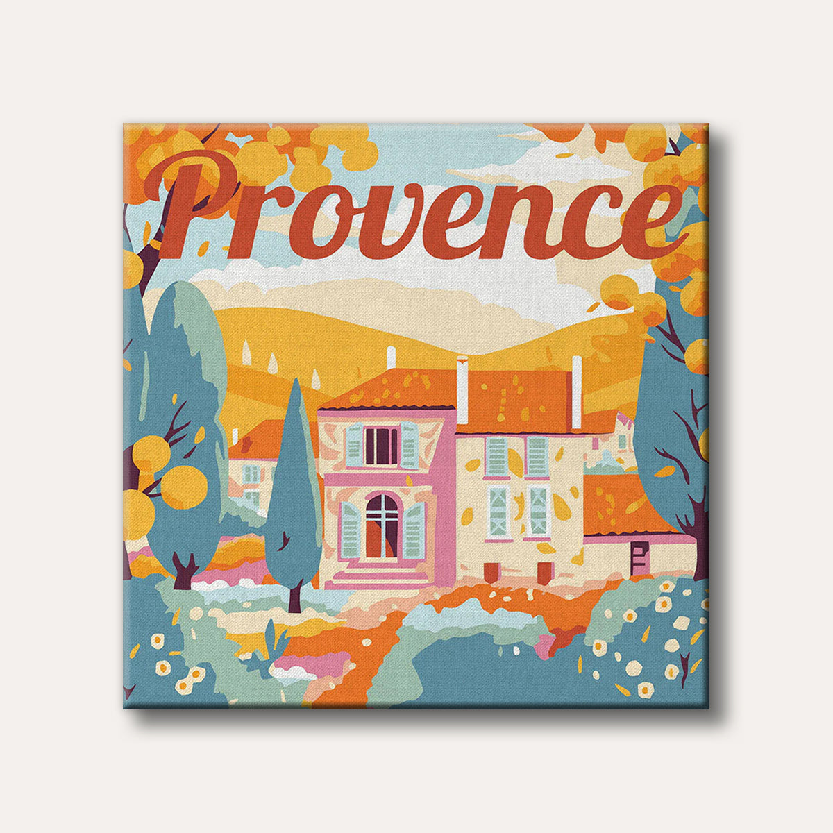 A vibrant, stylized illustration of a charming villa amidst rolling hills and trees in the Provence region, with the word "Provence" at the top.
