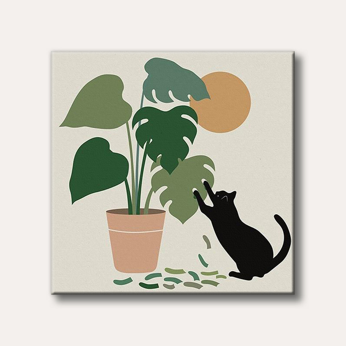 A black cat playfully batting at the leaves of a large potted monstera plant, rendered in a stylized, minimalist illustration with a warm circular sun.
