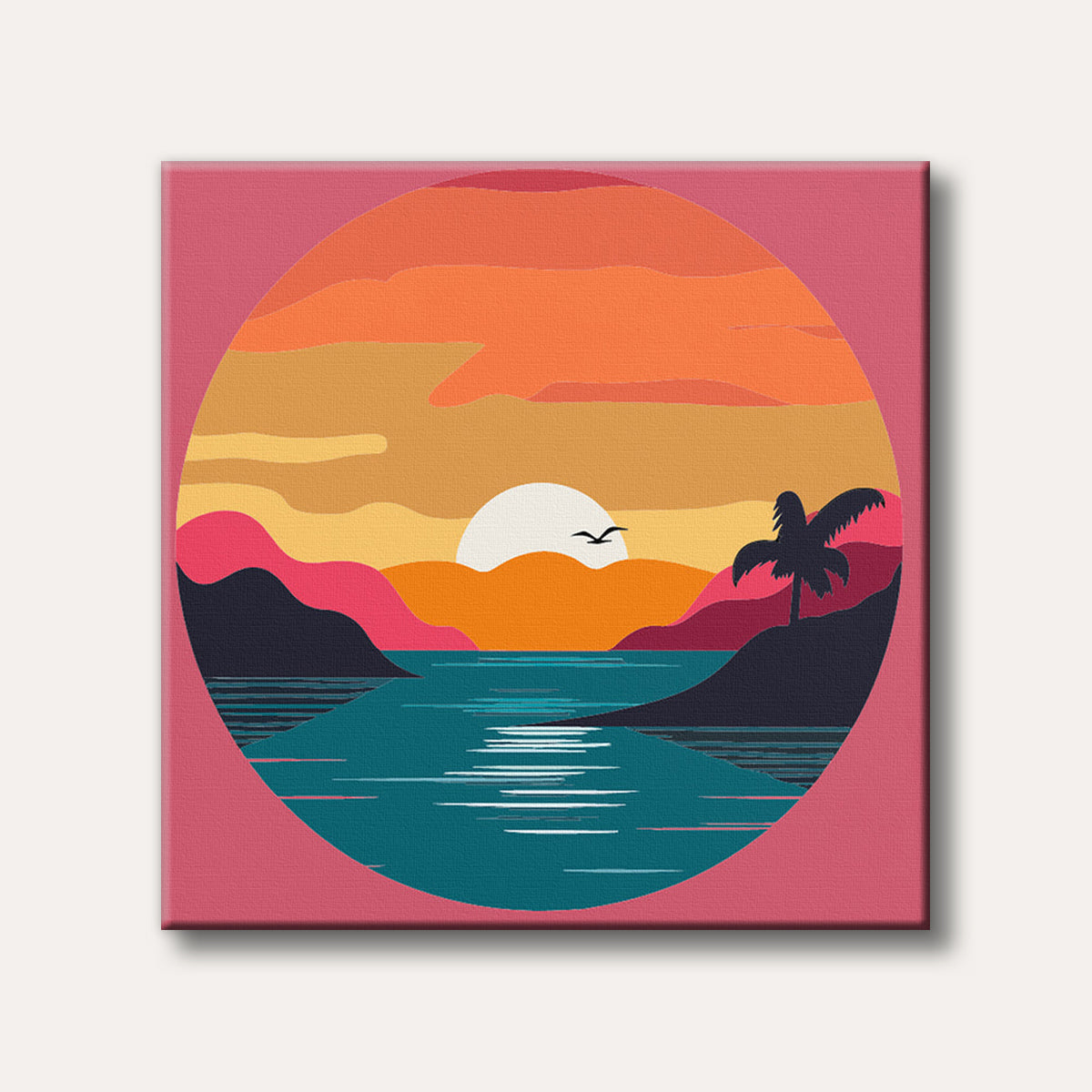 A vibrant, stylized graphic depicting a sunset over tranquil water with distant hills and a palm tree silhouette, rendered in flat, layered colours within a circular frame.