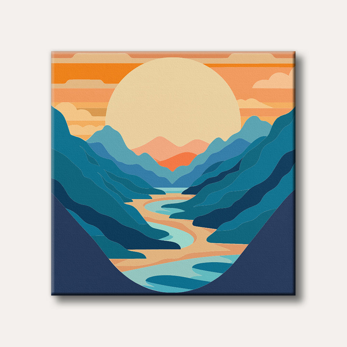 A vibrant abstract landscape painting featuring a winding river through blue mountains under a large orange and yellow sun, depicted in a modern, stylized geometric art style.