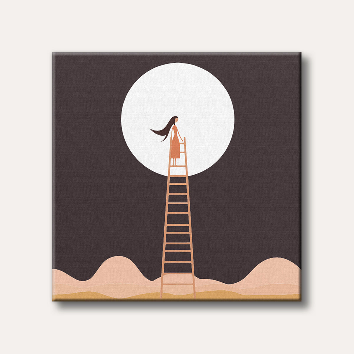 A stylized illustration of a woman climbing a long ladder towards a large, bright full moon against a dark sky, depicted in a minimalist art style.