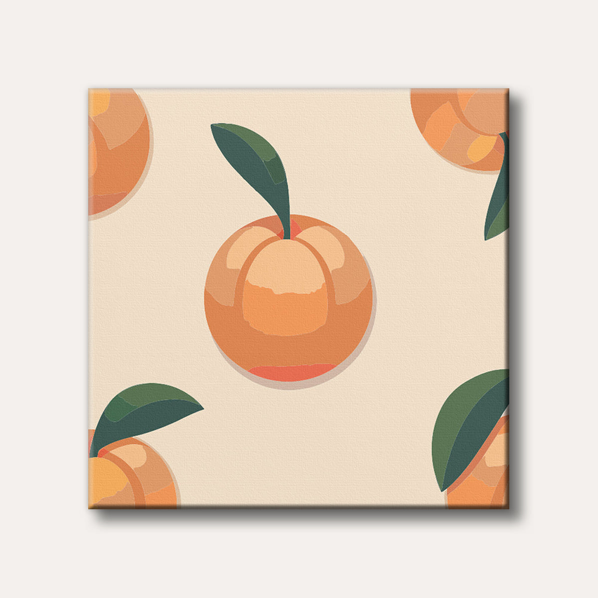 A repeating pattern of vibrant, stylized oranges with green leaves on a light beige background, rendered in a clean and modern minimalist art style.