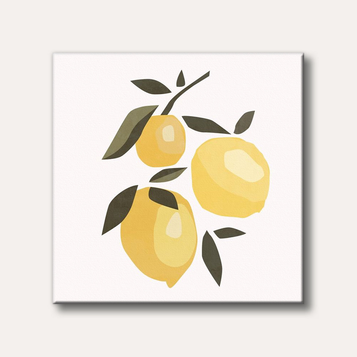 An illustration of three vibrant yellow lemons with dark green leaves on a light background, rendered in a modern, abstract style.