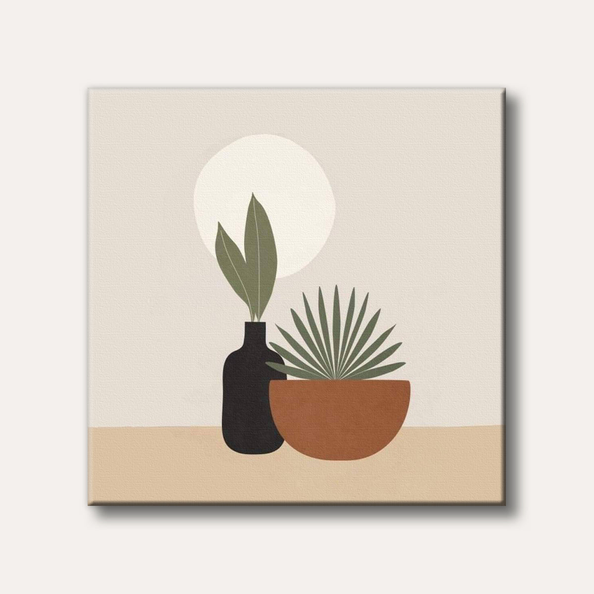 An abstract, minimalist depiction of two potted plants against a light background with a large white circle, rendered in warm earthy tones.