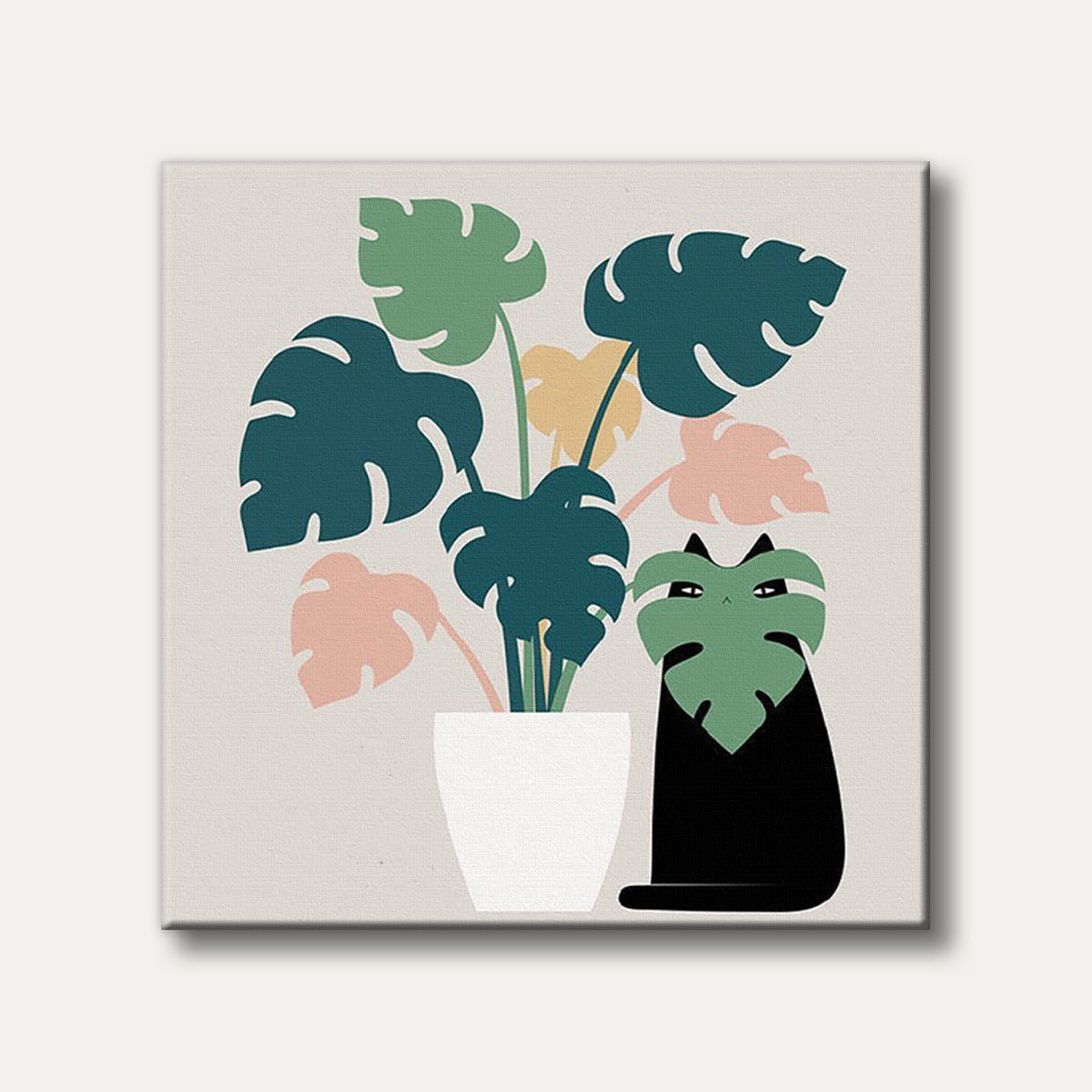 A black cat with a grumpy expression peeks from behind a large green monstera leaf, with other colourful leaves of a potted plant in a flat, minimalist art style.