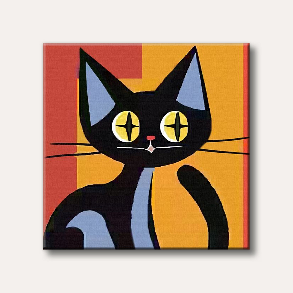 A stylized black cat with large yellow eyes and blue-grey markings, depicted in a graphic, pop art style against an orange and red block background.