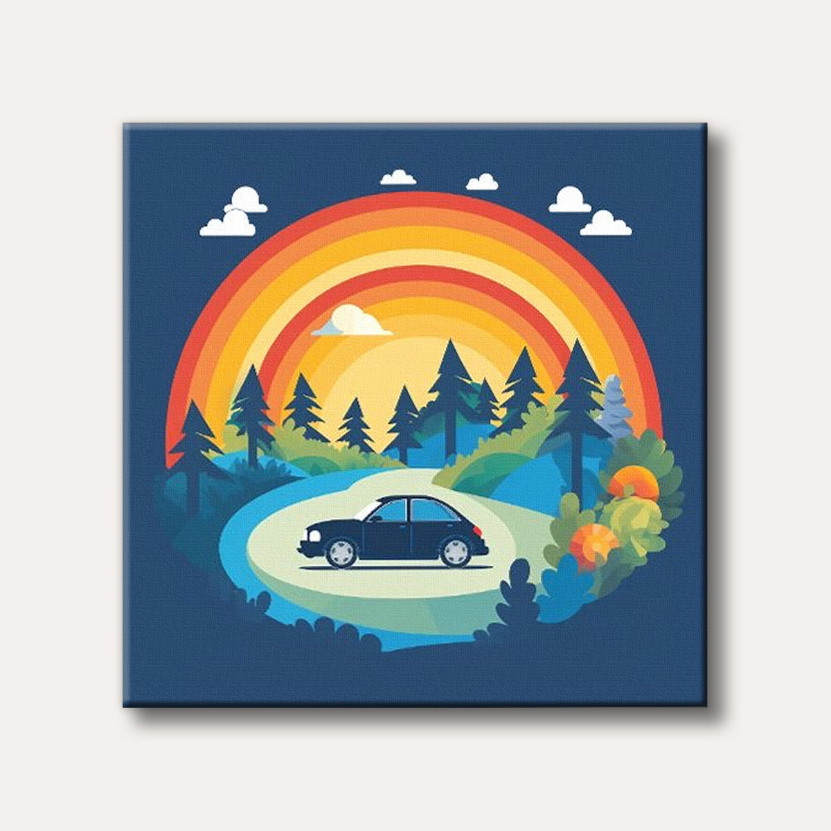 A stylized illustration of a black car driving on a winding road through a vibrant forest under a large, colourful rainbow and scattered white clouds.