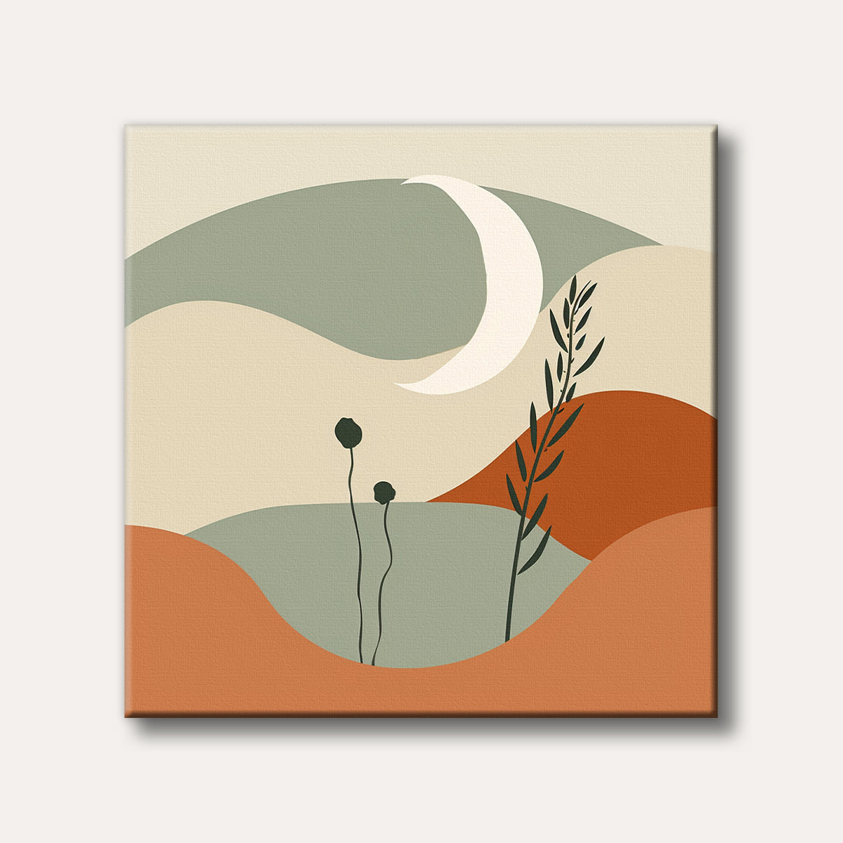 An abstract landscape featuring a large crescent moon above rolling hills with minimalist plant silhouettes, rendered in muted earthy and sage tones.