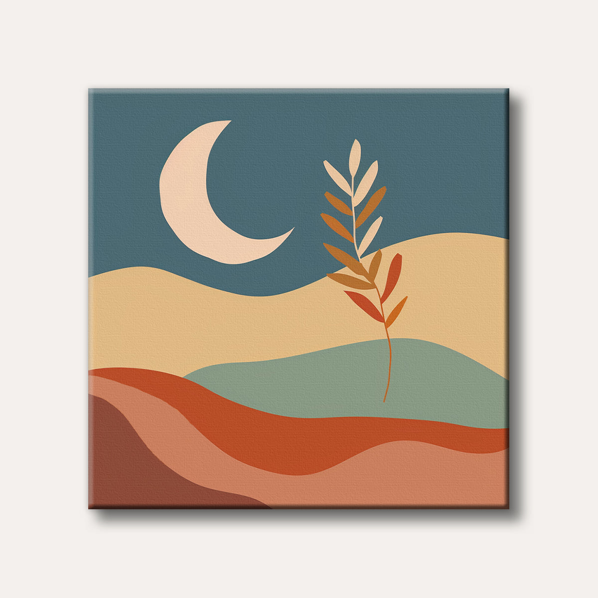 A minimalist abstract illustration featuring a crescent moon above rolling, layered hills in muted desert tones, with a stylized botanical branch in the foreground.