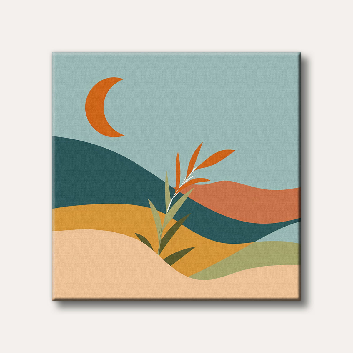 An abstract landscape painting featuring an orange crescent moon, a stylized plant, and rolling hills in shades of teal, orange, and beige, depicted in a modern, minimalist style.