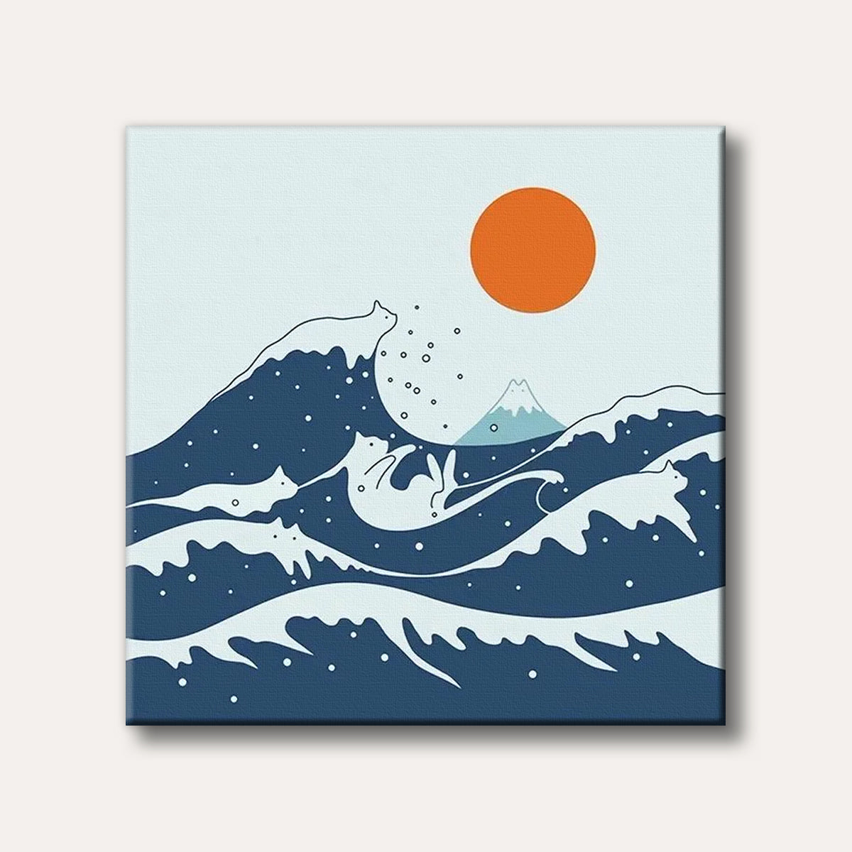 A graphic illustration parodying 'The Great Wave off Kanagawa', featuring white stylized cats integrated into dark blue ocean waves, with a small Mount Fuji and a large orange sun, rendered in a simple, humorous style.