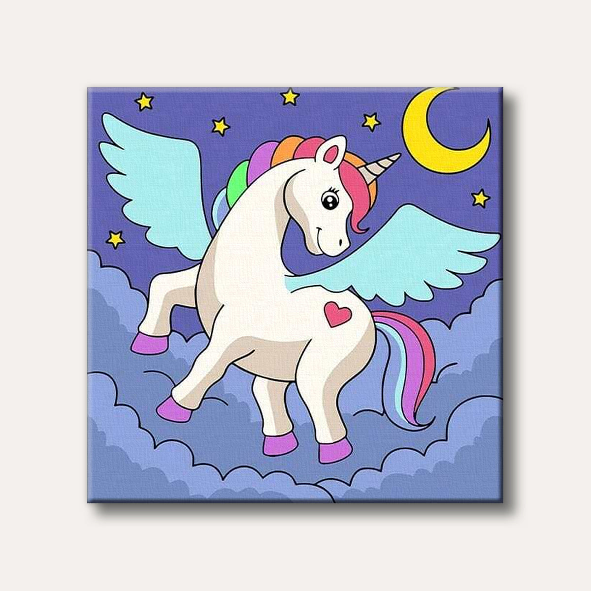 A whimsical white winged unicorn with a rainbow mane and tail, featuring a pink heart, flying amongst blue clouds under a purple night sky with a crescent moon and stars, rendered in a cartoon art style.