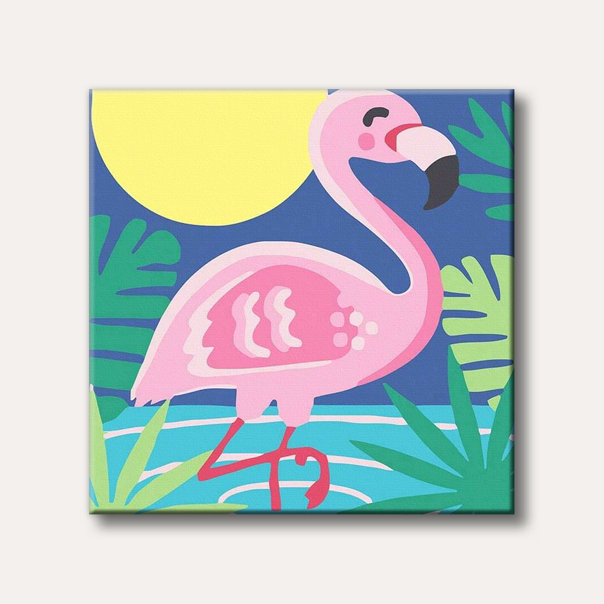A vibrant graphic illustration of a pink flamingo standing in blue water with green tropical leaves, set against a dark blue sky and a large yellow sun.