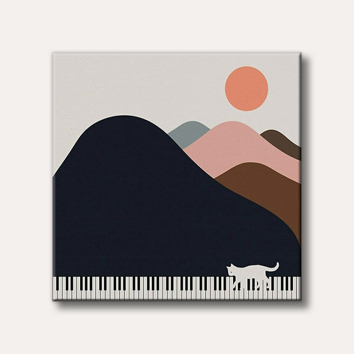 An abstract minimalist artwork featuring a white cat walking on a piano keyboard in front of layered, stylized mountains and a setting sun.