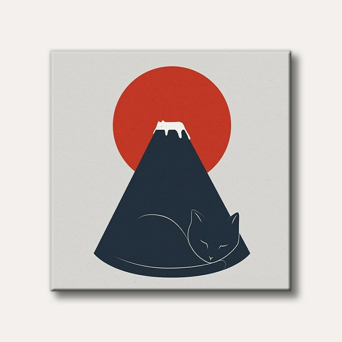 A minimalist illustration featuring a large dark blue cat sleeping, stylized as Mount Fuji, with a small white cat resting on its peak, set against a vibrant red sun and a light grey background.
