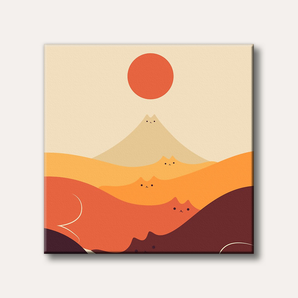 A minimalist illustration depicting an orange sun over rolling, cat-shaped hills in warm, earthy tones, with each hill subtly revealing a cat's face.
