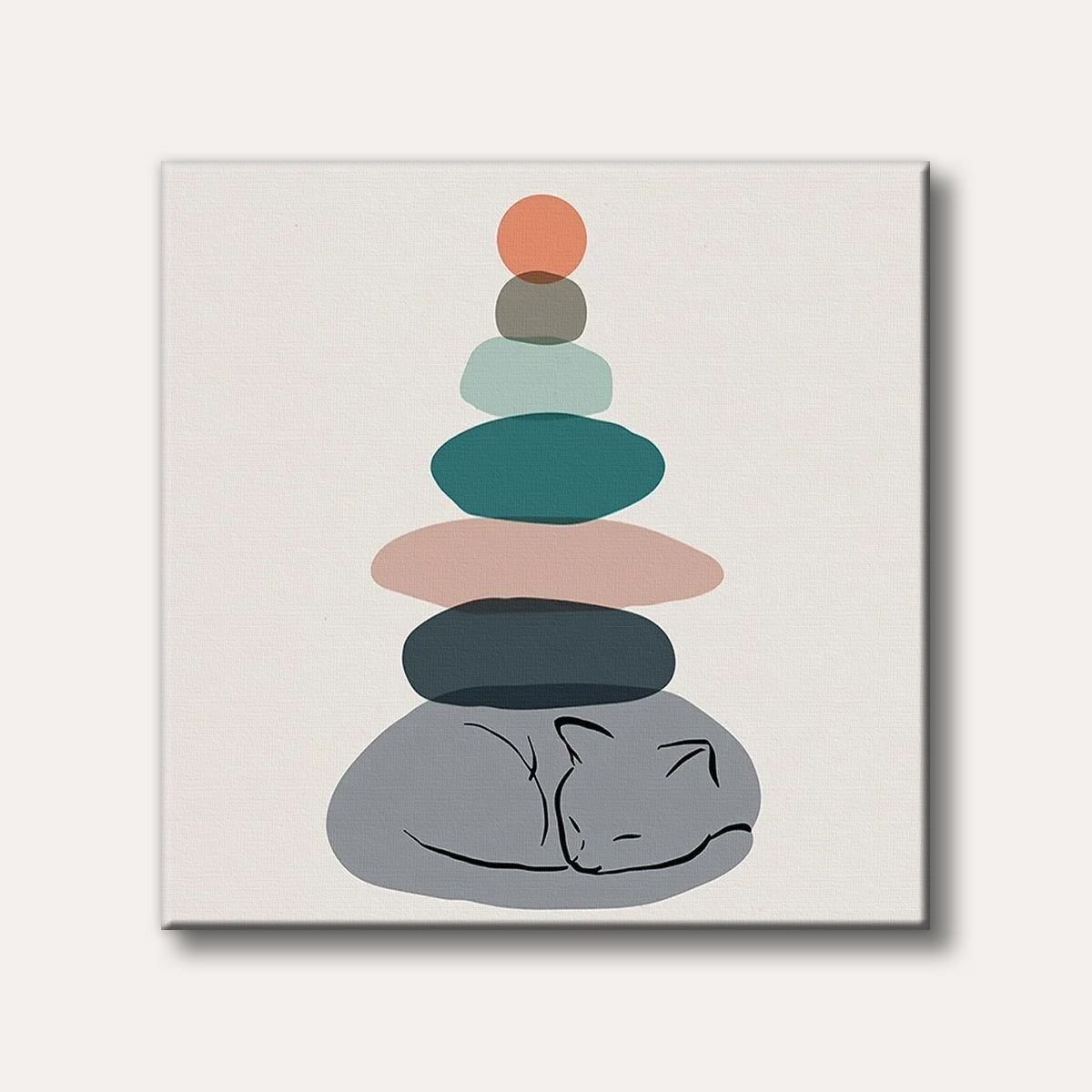 A minimalist abstract illustration featuring a sleeping cat at the base of a colourful, balanced stack of pebble-like shapes, creating a serene and modern aesthetic.