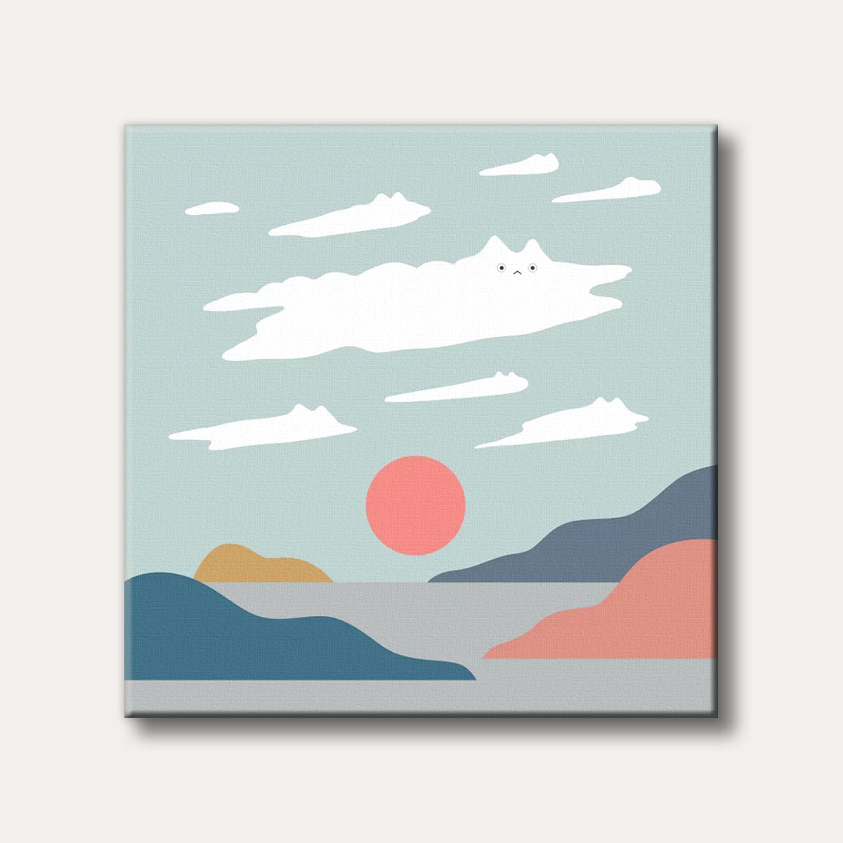 A whimsical illustration of a cat-shaped cloud floating above a serene landscape with rolling hills and a coral sun, rendered in a minimalist and playful style.