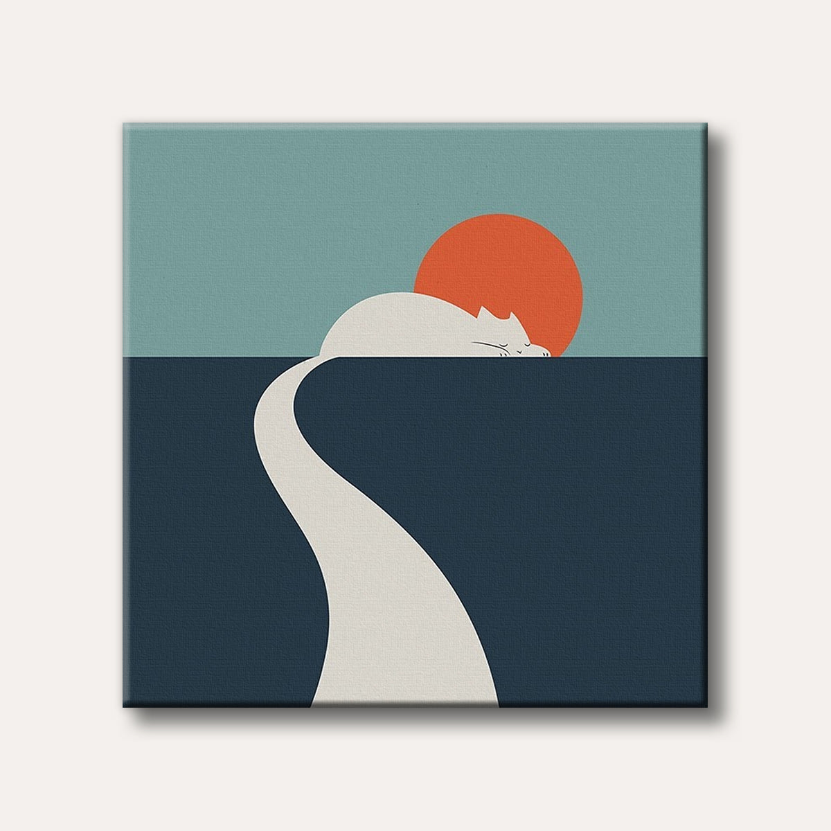 A minimalist illustration featuring a white cat sleeping on a dark blue surface with its long body extending downwards, silhouetted against an orange circle resembling a sun or moon on a light blue background.