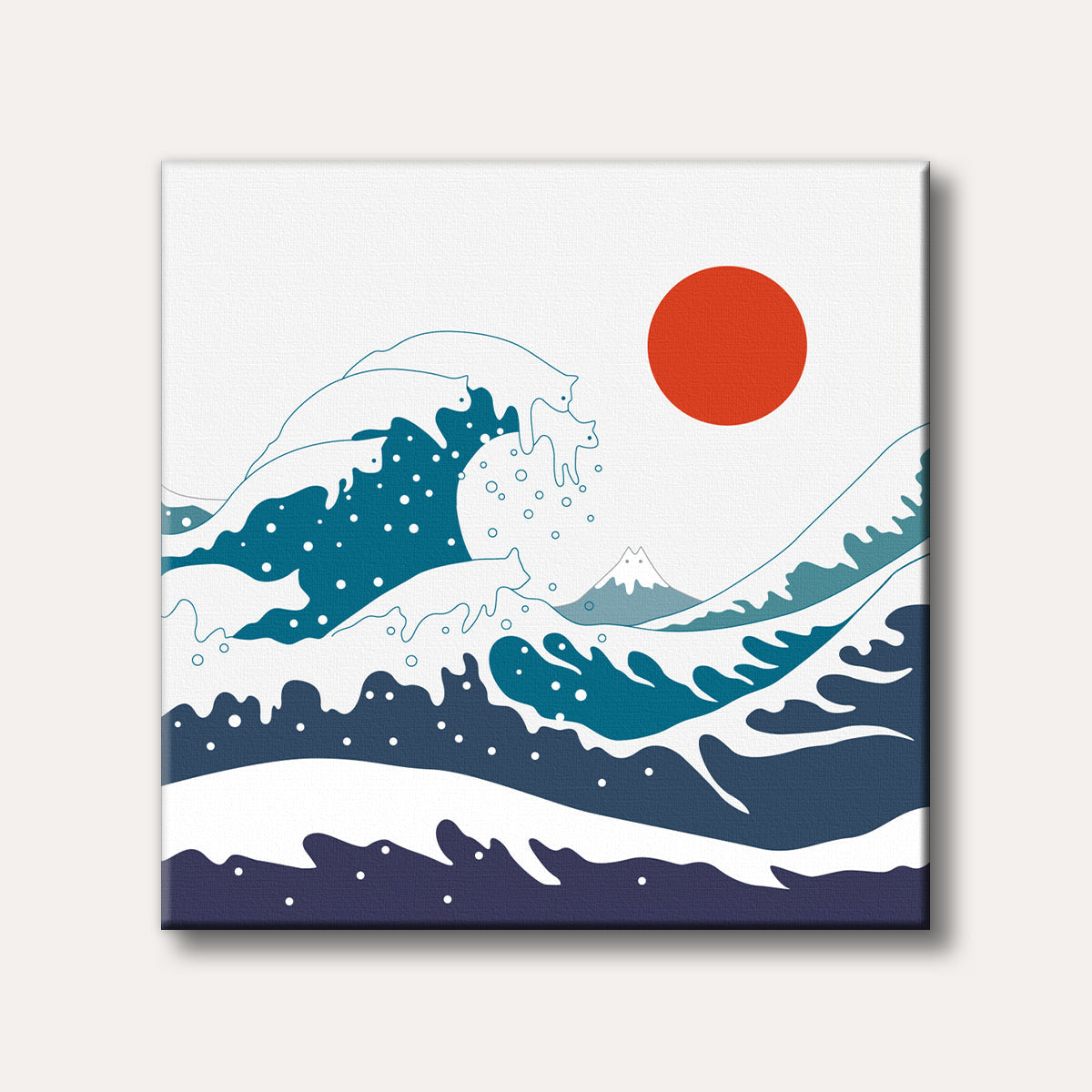 A stylized depiction of large ocean waves with cat silhouettes forming the crests, set against a red sun and a cat-faced Mount Fuji in a minimalist, Japanese-inspired art style.
