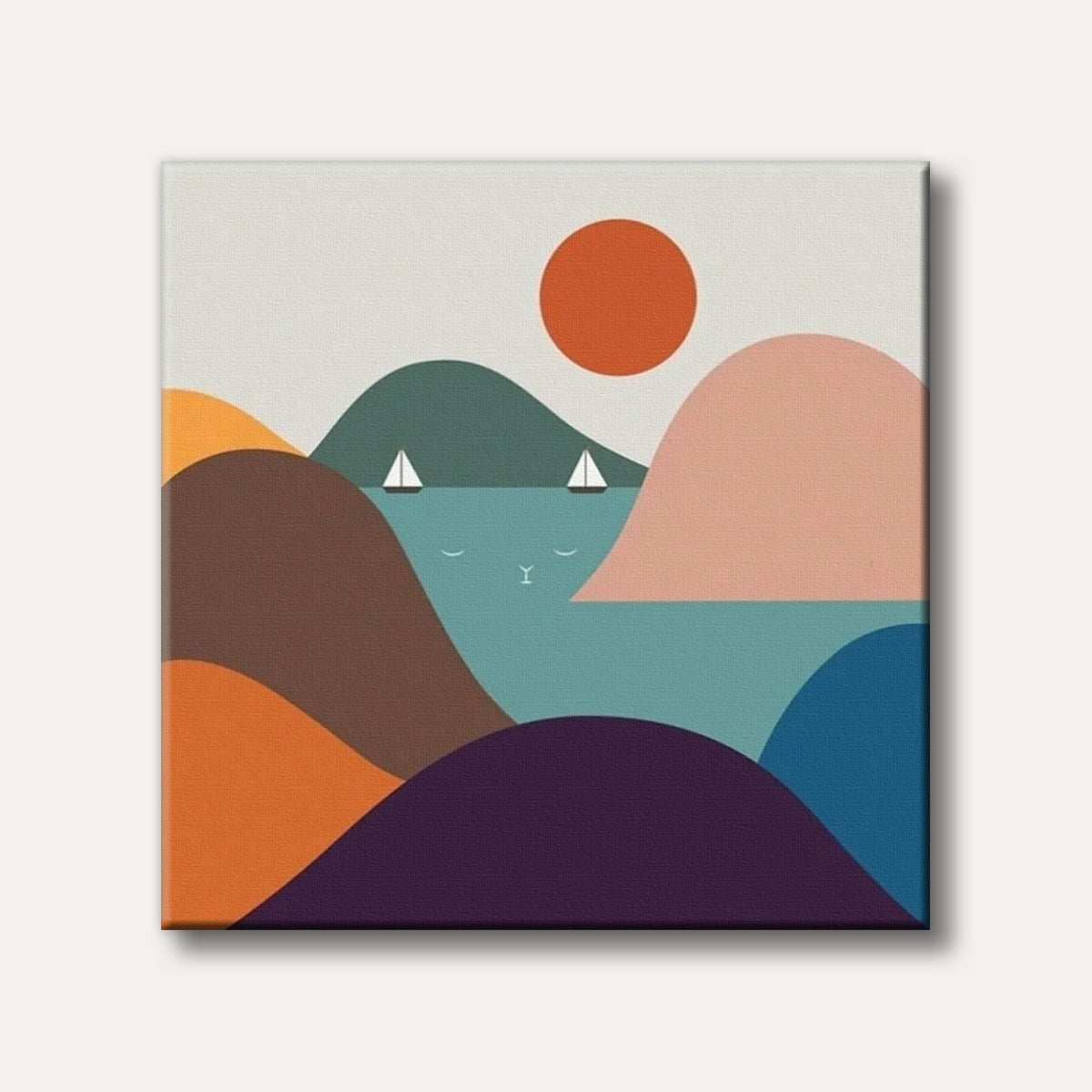 An abstract landscape painting featuring colourful rolling hills, a large orange sun, and a body of water subtly forming a cat's face with two sailboats.