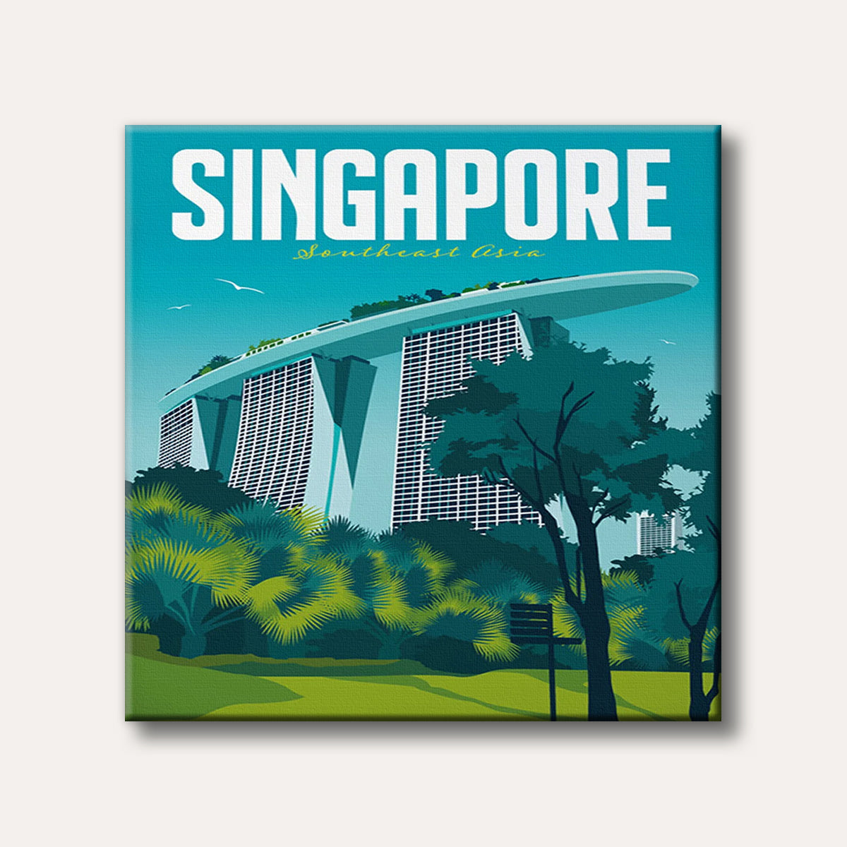 A vibrant, minimalist travel poster of Singapore's Marina Bay Sands hotel with lush green foreground, set against a teal sky.