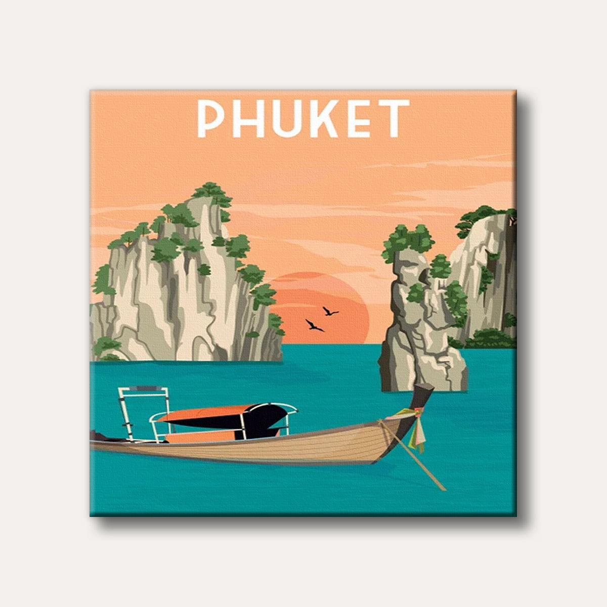 A vibrant illustration of a longtail boat on turquoise water with limestone karsts and a large orange sunset, evoking a tropical island travel scene.