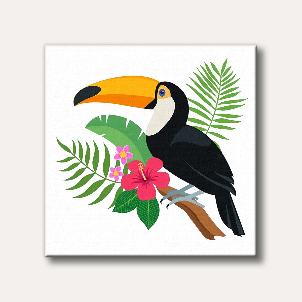 A vibrant, cartoon-style illustration of a toucan with a large yellow beak, perched on a branch amidst tropical green leaves and bright pink hibiscus flowers, on a white background.