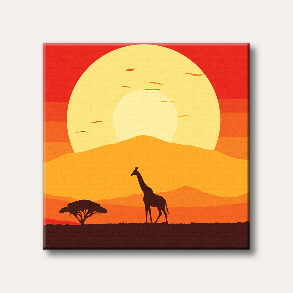 A stylized illustration of a giraffe and an acacia tree silhouetted against a vibrant orange and yellow savanna sunset with a large, glowing sun.