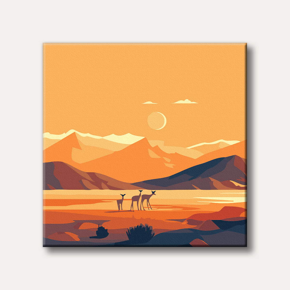 A minimalist landscape scene depicting three deer standing by a tranquil lake with layered orange mountains under a warm, setting sun.