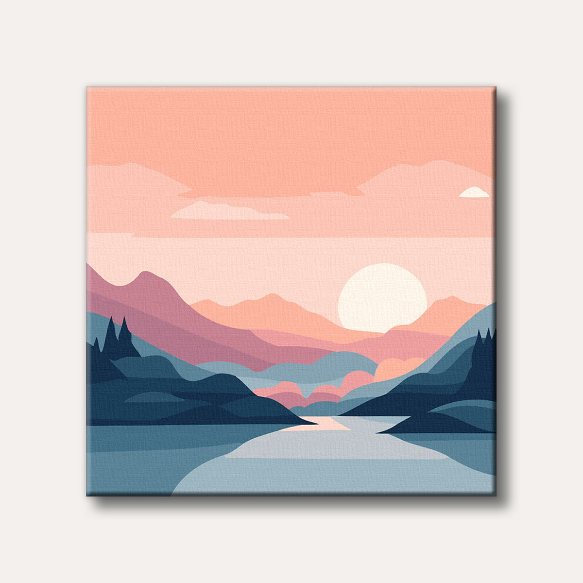 A tranquil stylized landscape painting featuring layers of pastel-coloured mountains, a calm lake, and a large setting or rising sun.