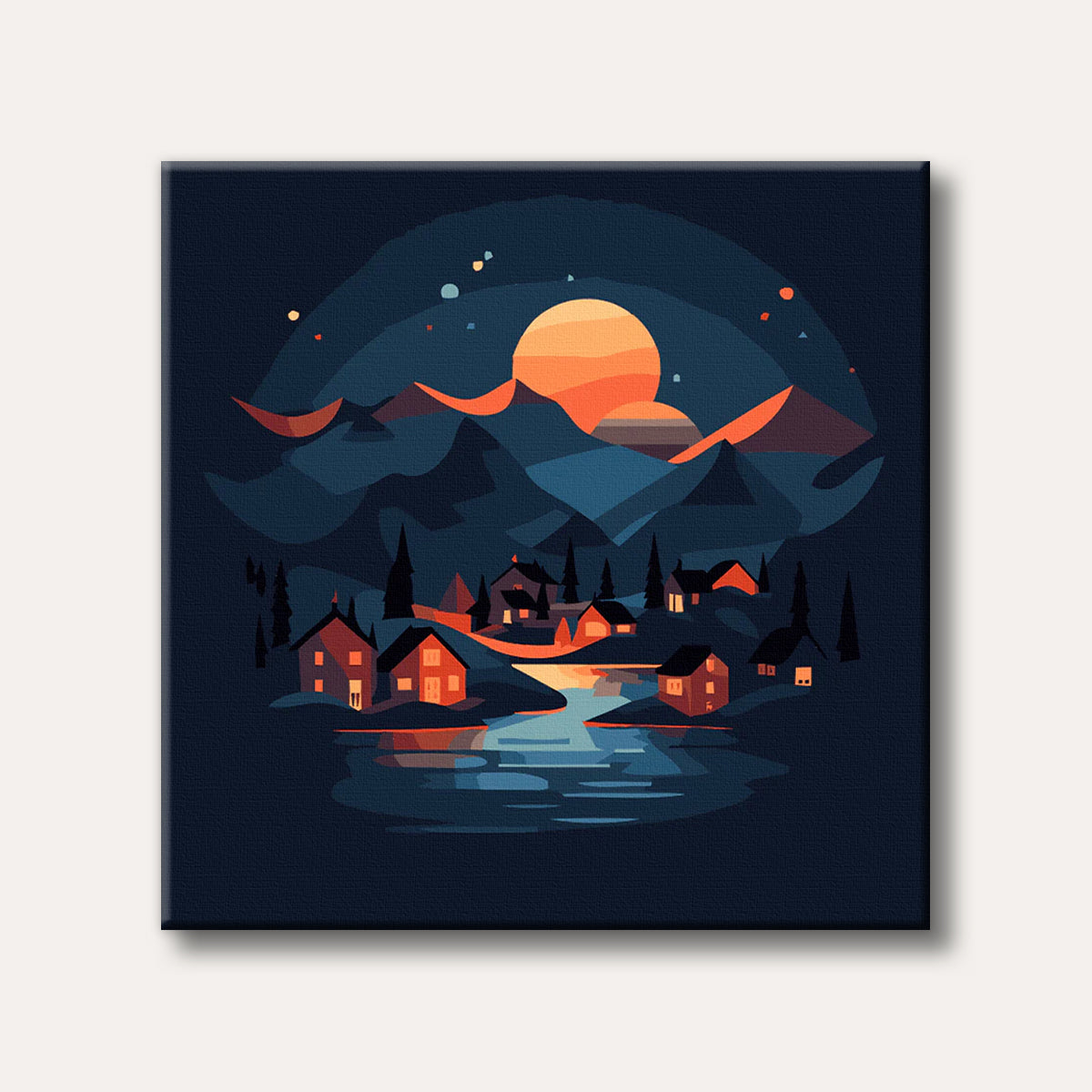 A stylized flat-design illustration of a cozy village nestled in dark mountains under a large orange sunset or moon, with a river reflecting warm light.