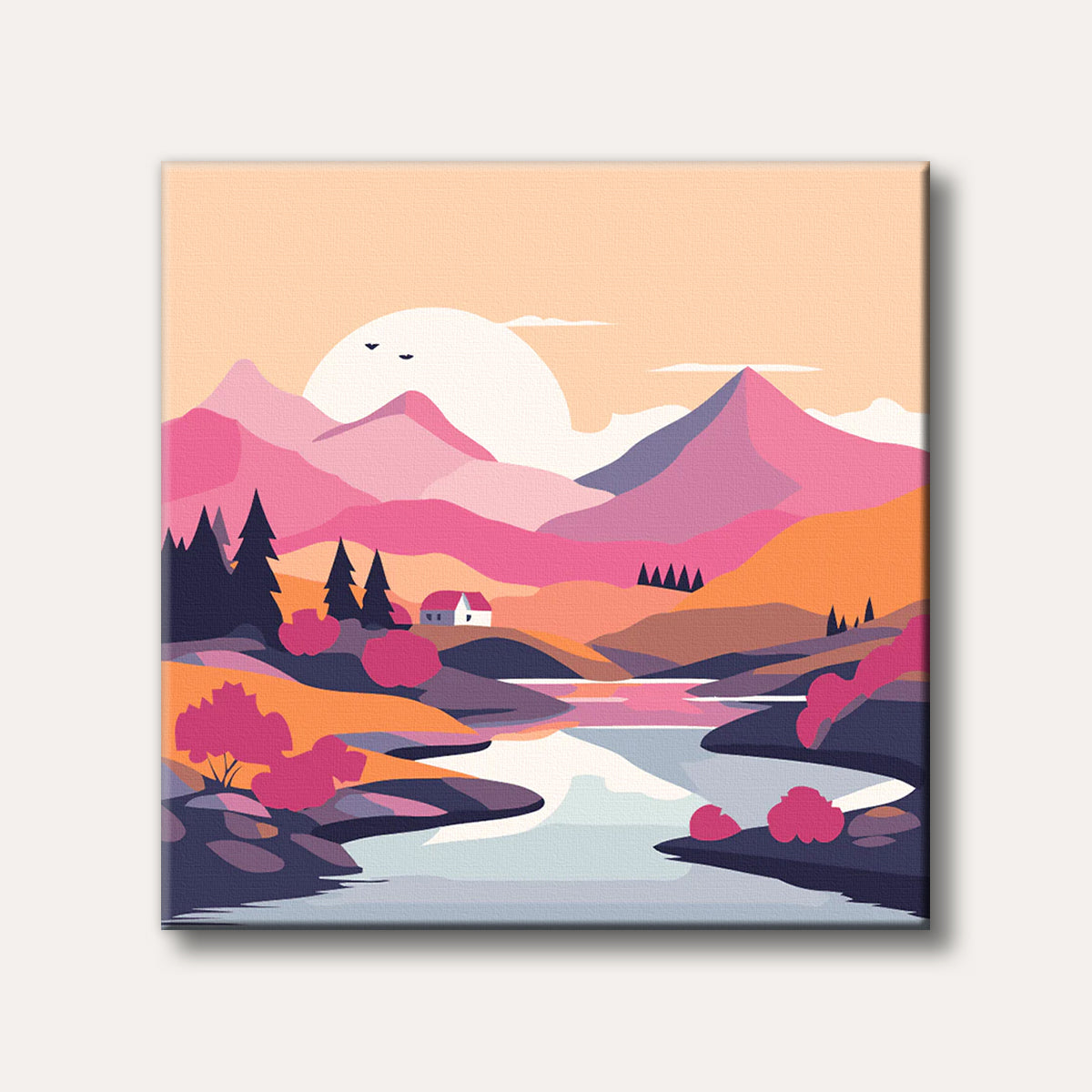 A vibrant, stylized landscape painting featuring pink and orange mountains, a tranquil lake reflecting the sky, and a small house under a large setting sun.