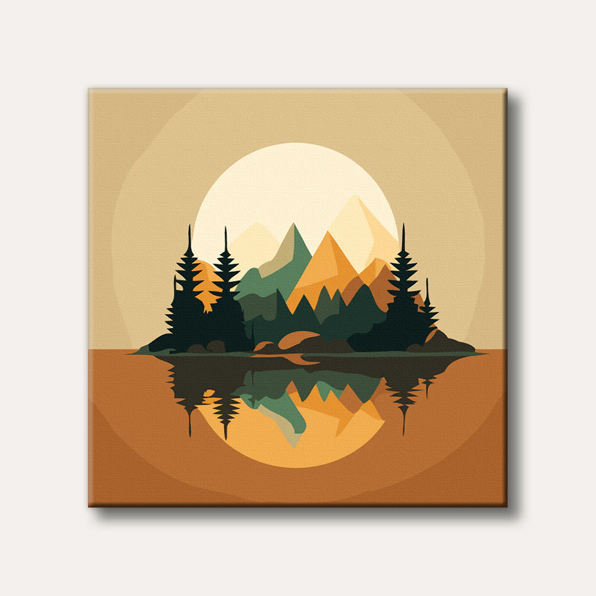 A minimalist graphic art piece depicting a serene mountain and forest landscape with a large sun, perfectly reflected in calm water, featuring warm orange, green, and brown tones.