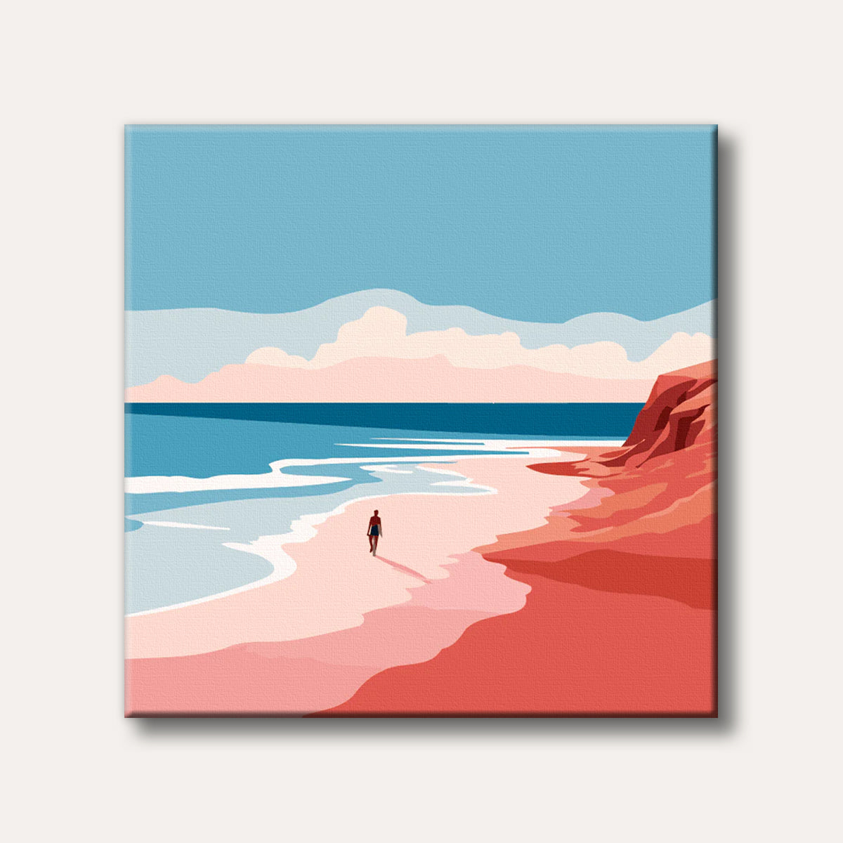 An illustration of a person walking on a pink-hued beach next to blue ocean waves and red cliffs under a soft blue sky, depicted in a minimalist, graphic style.