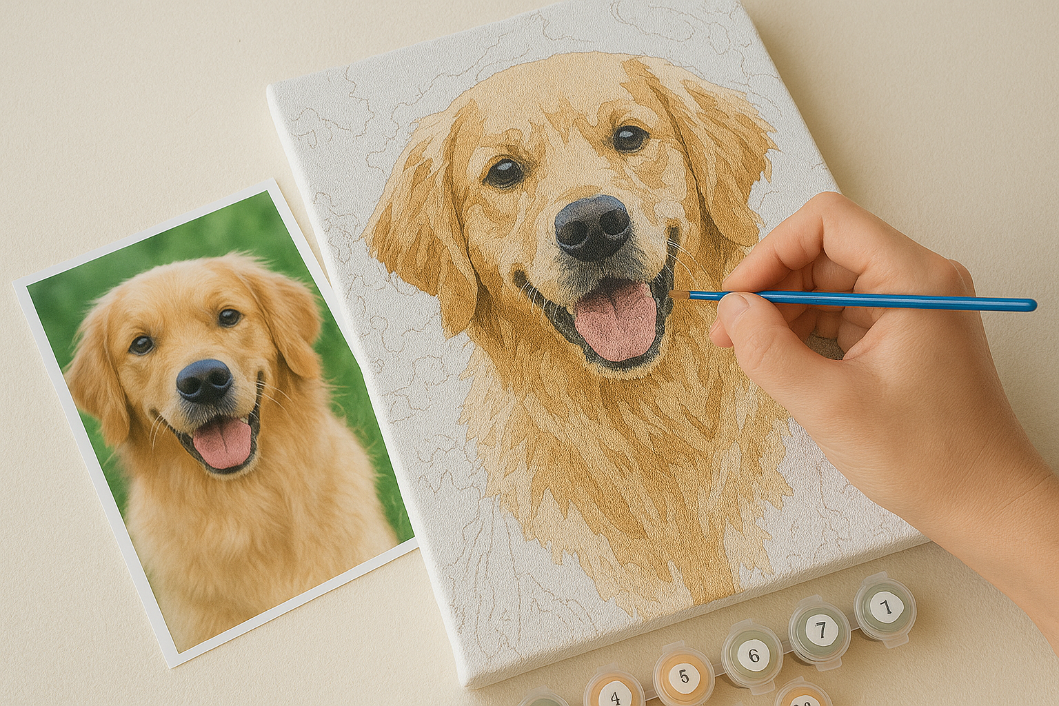 Hand painting a golden retriever on a canvas with a reference photo of a dog.