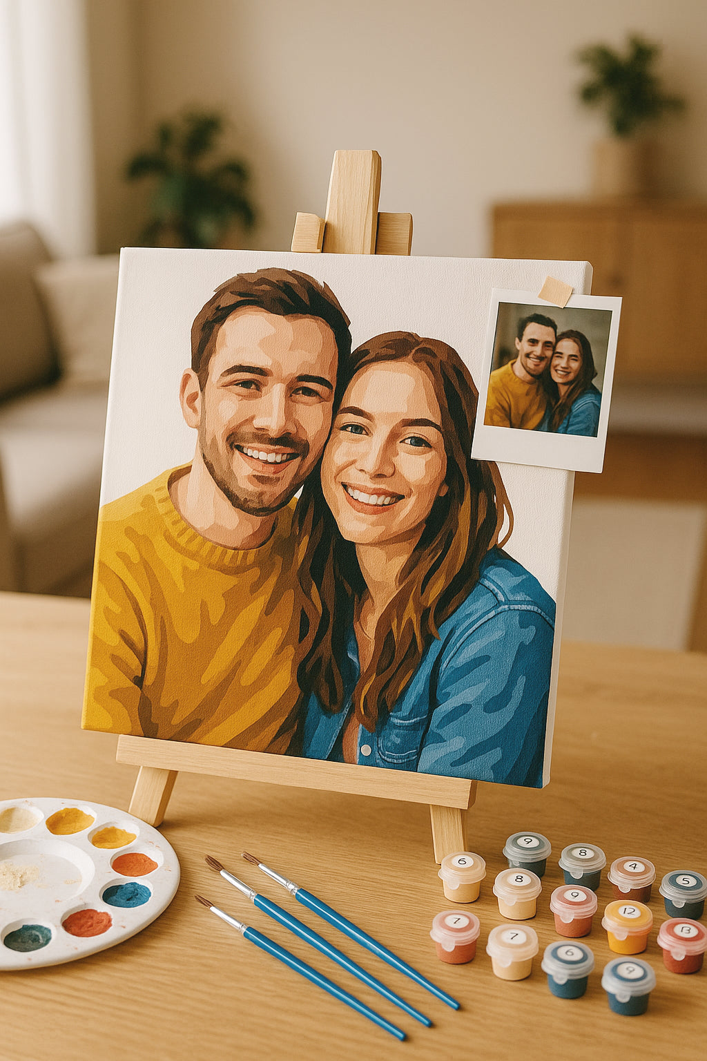 Painting of a couple on an easel with art supplies on a table