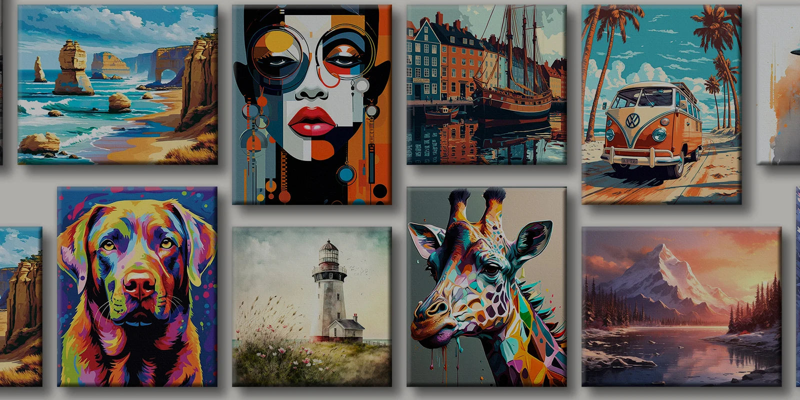 A collage of colorful paint-by-number artworks including a coastal landscape with rock formations, an abstract woman’s face with bold accessories, a vibrant city harbor scene, a vintage orange VW van on a beach, a multicolored dog portrait, a scenic lighthouse, a vividly painted giraffe, and a serene snowy mountain landscape at sunset.