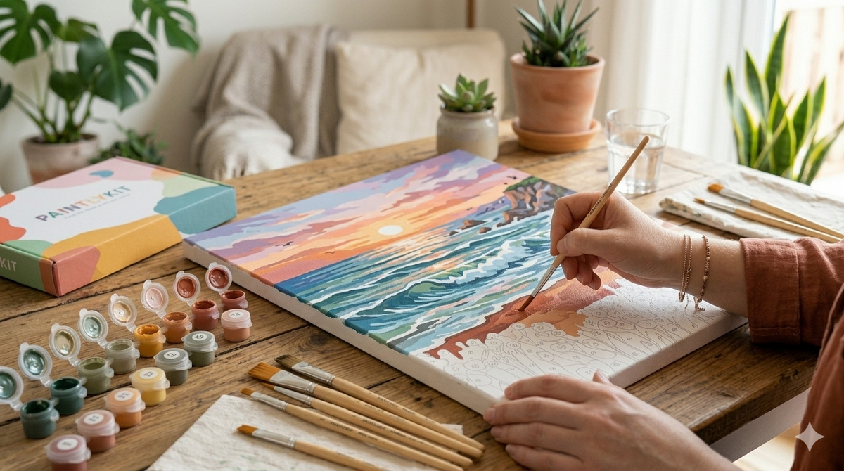 A close-up view of a person’s hand using a fine paintbrush to apply terracotta paint to a detailed Ocean Sunset landscape on a numbered canvas.